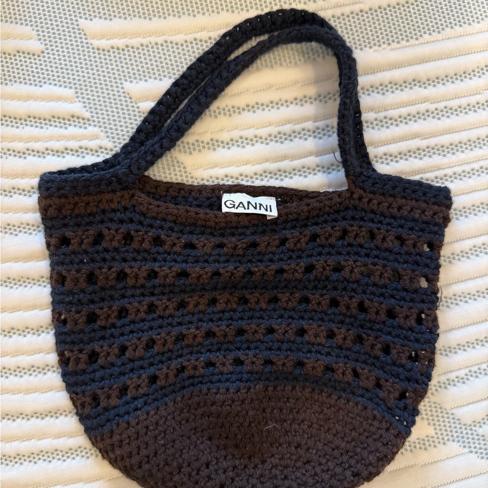 Ganni Navy and Brown Crochet Tote